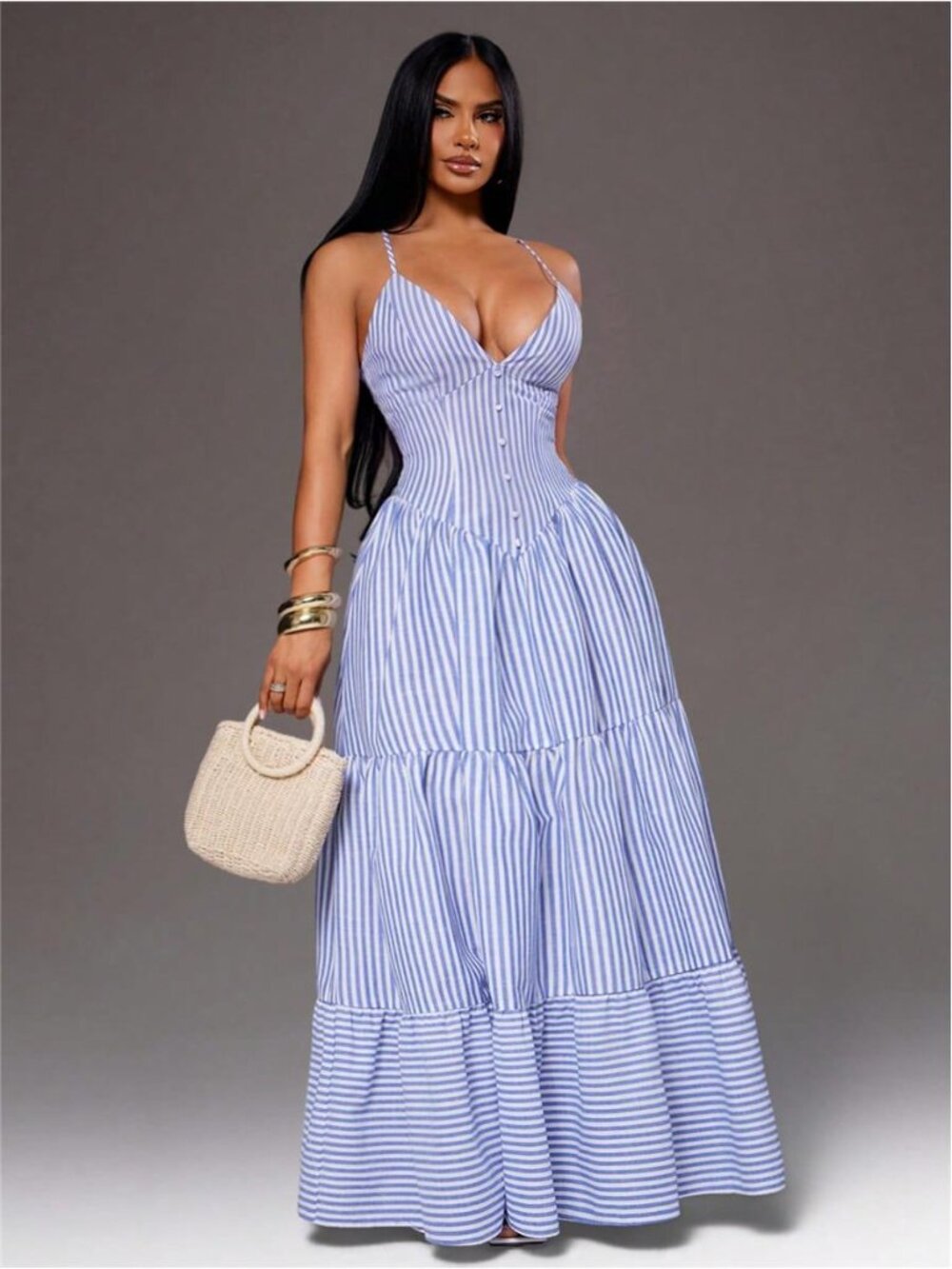 Elegant Casual Blue And White Stripe Spaghetti Strap